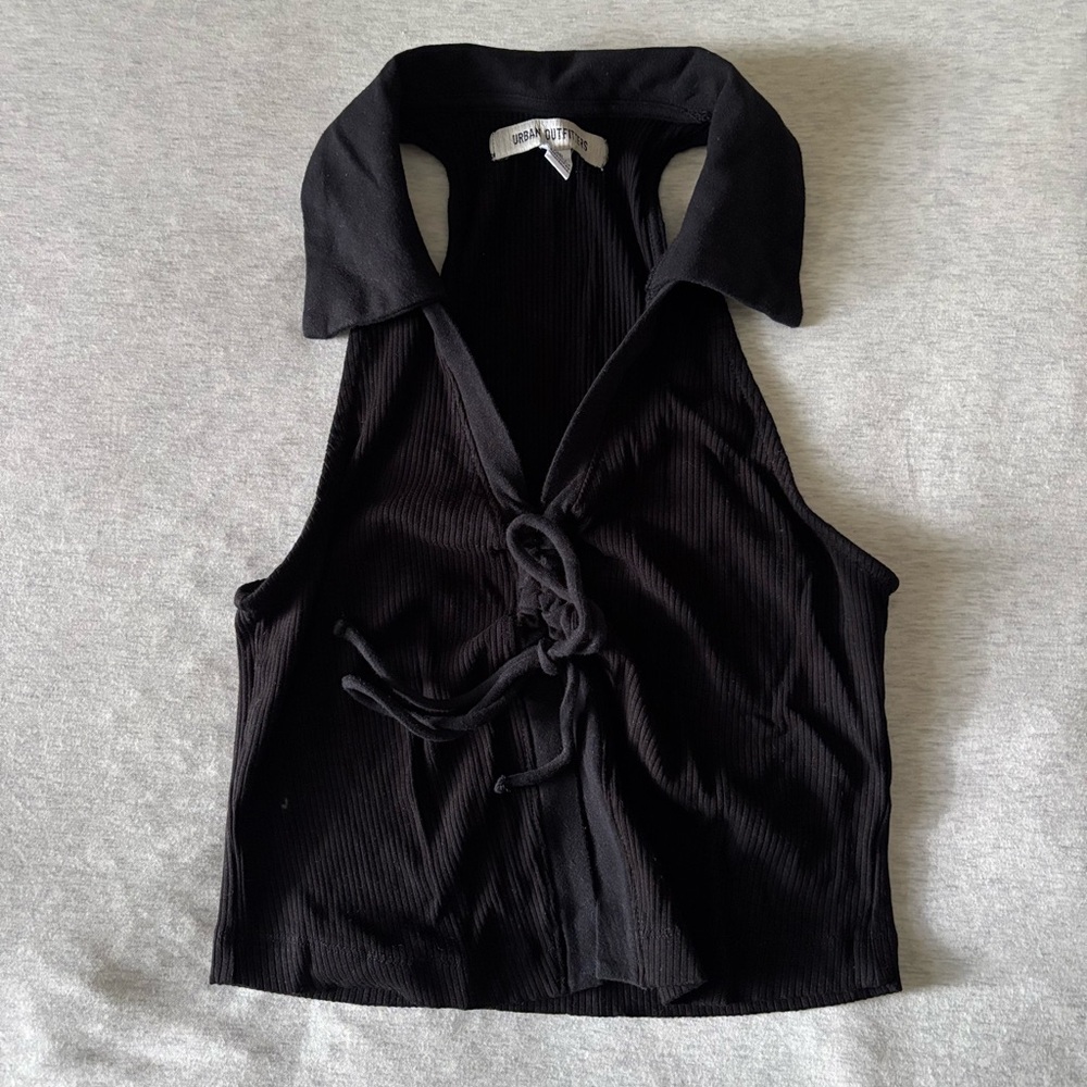 Urban Outfitters Black Sleeveless Collared Tie-Front Top